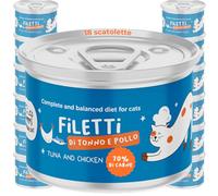 Filets de thon et de poulet | Aliments humides pour chats complets | Recette naturelle et grain libre riche en protéines et oméga 3 et 6 | Avec de l'huile de saumon et du bouillon délicat | 18x70g