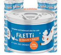 Filets de thon et de poulet | Aliments humides pour chats complets | Recette naturelle et grain libre riche en protéines et oméga 3 et 6 | Avec de l'huile de saumon et du bouillon délicat | 36x70g