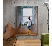 Fille à la fenêtre peinture toile impression affiche Salvador Dali mur art femme mer bleu photo pour salon décor à la maison 60x90 cm (24x31in) avec cadre