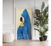 Fille Africaine Stickers pour Papier Peint PVC Imperméable,Ours Bleu Porte Autocollants 3D Trompe L'Oeil,Lune Étoiles Poster de Porte Amovible 63x205 cm