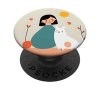 Fille avec Chat Mignon Simple naïf Illustration scène PopSockets PopGrip Adhésif