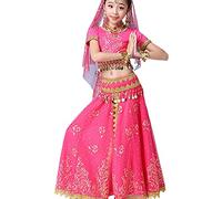 Fille Belly Dance Costume Bollywood Indian Outfit Girls Party Déguisements Carnaval, Enfants Princesse Arabe Vêtements Cosplay Dancewear (Ensemble de 5 pièces),Rose,M