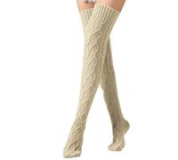 Fille Blanc Pailleté Cable Knit Winter Boot Socks Over The Knee Extra Long Leg Noir Coton (Khaki, One Size)