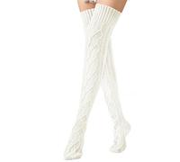Fille Blanc Pailleté Cable Knit Winter Boot Socks Over The Knee Extra Long Leg Noir Coton (White, One Size)