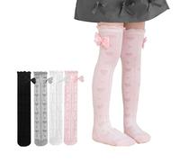 Fille Chaussettes Haute Nœud Longue Montante Dentelle Coton Chaussettes d'école pour Bébés Enfants 4-10 ans, Lot de 4 (Coeur)