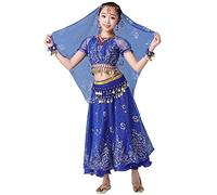 Fille Costume de Festival de Danse Tenue Indienne Oriental Vêtements de Danse Ensemble de 8 pièces Carnaval Outfit de Princesse Vêtements d'entraînement Top+Robe en Mousseline de Soie Bleu(8PCS) S