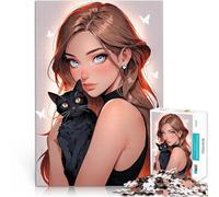 Fille d'anime avec Un Chat Noir Puzzle 2000 pièces pour Adultes Impossible Activités Amusantes à la Maison, Cadeaux d'anniversaire, Cadeaux de Voyage, 70x100cm