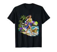 Fille de Plage Tropicale avec Chien Heureux T-Shirt