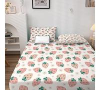 Fille Drap Housse 140x200 Fraise Housse de Matelas Microfibre Motifs ImpriméE avec Grand Bonnet de 30 cm, pour Matelas Epais avec 2 Taies D'Oreillers（50x75）