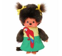 Fille en Robe Perroquet | 20 cm | Kiki Monchhichi | Poupée avec deux Tresses