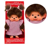 Fille en Robe rose pailletée avec deux Tresses | 20 cm Kiki Poupée Monchhichi | Mode