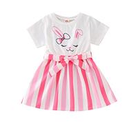 Fille Enfant Pâques Été Manches Courtes Dessin animé Lapin Imprime Robes Noeud Papillon Princesse Robe Dames Avec Poches, Blanc., 6 ans