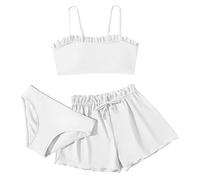Fille Ensemble Bikini Trois Pieces Haut Sport Taille Haute Culotte Jupe Plage Piscine Rapide Elastique Enfant 8-16 Ans