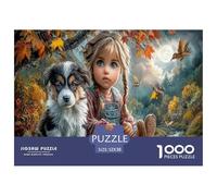 Fille et Chiot Puzzle 1000 Pièces Cadeau Unique Forêt d'automne Stream Défi Jouet À De Qualité Supérieure Peinture Art pour Adultes Enfants 52x38cm/1000pcs