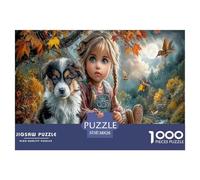 Fille et Chiot Puzzles 1000 Pièces Cadeau Unique Forêt d'automne Stream Challenge Toy À De Qualité Supérieure Peinture Art pour Adultes Enfants 38x26cm/1000pcs