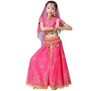 Fille Indienne Bollywood Ensemble de Costumes de Danse du Ventre étincelant 8 pièces Oriental Costume de Carnaval Déguisement Haut de Danse + Jupe avec Paillettes Perles et Pièces Rose(8PCS) XL
