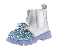 Fille Jaune Bout Arrondi Bottes Western Style Flower British Style Fashion Boots Side Zipper Fashionable Warm and Comfortable Boots Bottines Fille Rouge (Silver, 30 Little Child)