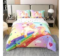 Fille Licorne Coton Housse de Couette pour Anniversaire,Scintillant Arc en Ciel Licorne Literie Set 240 x 260,Aquarelle Étoile Pastel Literies,Star Licorne Couvre Lit pour Fille,Pas de Couette