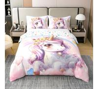 Fille Licorne Rose Coton Housse de Couette 200x200,Dessin Animé Mignon Cheval Parure de Lit,Thème de Conte de Fées Fantaisie Literie,Scintillant Arc en Ciel Amour Couvre Lit pour Filles