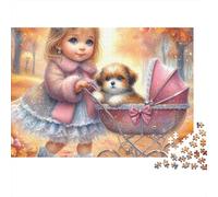 Fille Mignonne 1000 Pièces Fille et Chiot d'automne Puzzle pour Adultes Impression HD Anti-Stress Détente pour Cadeaux De Remerciement pour Collectionner 70x50cm/1000pcs