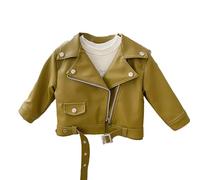 Fille Moto Joli Style Cool Grand Revers Fermeture Éclair Veste en Cuir Veste 2024 Automne Et Hiver Top Filles Mode, vert, 6-7 ans