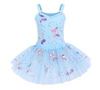 Fille Paillette Ballet Robe Princesse sans Manches Papillon Ballerine Dancewear Gymnastique Danse Justaucorps avec Tutu Jupe Deux Pièces Danseur Performance Costume Bleu 9-10 Ans