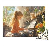 Fille Piano Chat Puzzle, 1000 Pcs Jeu D'intérieur Adulte | 52x38cm Carton, Exercice Cérébral, Ajustement Précis, Amateurs D'art, Réduction Du Stress