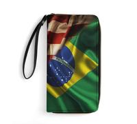 Fille Pochette Drapeau Combiné du Brésil Et des États-Unis Porte-Feuille en Cuire Vintage Cuir Portefeuille Fermeture Éclair Porte Monnaie Femme pour Femme, Garcon, Homme