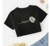 Fille pré-ado 1 pièce Haut court décontracté et à la mode, imprimé de marguerite et de lettre, encolure ronde 110,120,130,140,150,160Animal,Floral,Lettres,PlantesÉtoffe
