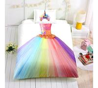 Fille Princesse Rose Robe Blanc Ballet Robe Effet 3D Housse de Couette 1 Personne, Charmant Animal Licorne Bleu Violet Jaune Literie (Coloré Robe, 180x210cm)