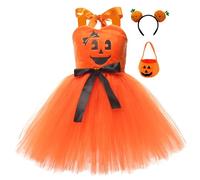 Fille Robe Citrouille Halloween, Fille Jupe Tutu Citrouille, Courte Robe en Tulle sans Manches, Déguisement Enfant Costume d'halloween Robes de Carnaval Cosplay 3PC