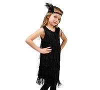 Fille Robe de Danse Latine Franges Robe Vinatage sans Manches Salsa Samba Rumba Tango avec Bandeau Cheveau Plumes pour Spectacle Performance 4-12 Ans