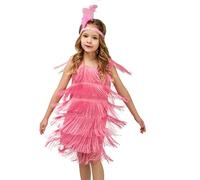 Fille Robe de Danse Latine Franges Robe Vinatage sans Manches Salsa Samba Rumba Tango avec Bandeau Cheveau Plumes pour Spectacle Performance 4-12 Ans