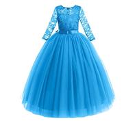 Fille Robe de Demoiselle d'honneur Princesse Dentelle Tutu Tulle Mariage Robe Longue de Soirée Formelle Fête d'anniversaire Soirée Cérémonie Manches 3/4 Robe de Première Communion Bleu 11-12 Ans