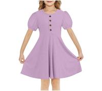 Fille Robe Ete Manches Courtes Ligne A Robe Filles Chic Et Elegant Casual Robes de Fête Soirée Ceremonie Vacances Bapteme Anniversaire Tunique Robes d'été légère Dress de Plage 4-15 Ans