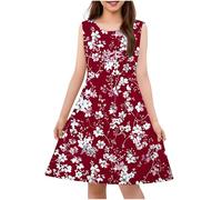 Fille Robe Fleurie Bohème sans Manches Ligne A Robe Filles Chic Et Elegant Casual Robes de Fête Soirée Ceremonie Vacances Bapteme Anniversaire Tunique Robes d'été légère Dress de Plage 4-14 Ans