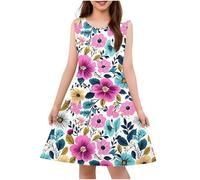 Fille Robe Fleurie Bohème sans Manches Ligne A Robe Filles Chic Et Elegant Casual Robes de Fête Soirée Ceremonie Vacances Bapteme Anniversaire Tunique Robes d'été légère Dress de Plage 4-14 Ans