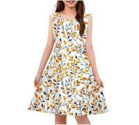 Fille Robe Fleurie Bohème sans Manches Ligne A Robe Filles Chic Et Elegant Casual Robes de Fête Soirée Ceremonie Vacances Bapteme Anniversaire Tunique Robes d'été légère Dress de Plage 4-14 Ans