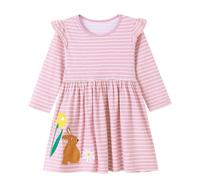 Fille Robe Lapin Rayé Rose Hiver Automne Noël Halloween Bohême Plage Manches Longues Casual Coton Plissée Chemise Robes pour Enfant 2 Ans