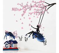 Fille Sur Une Balançoire & Moose Silhouette Stickers Muraux avec Autocollant Mural Papillons Roses Décoration Amovible DIY Vinyle Mural Art Stickers pour Salon, Chambre