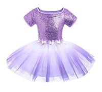 Fille Tutu Danse Classique Robe Ballet Paillette Manches Courtes avec Nœud Papillon Enfant Justaucorps Gymnastique Tulle Brillant Dégradé Costume Ballerine Princesse Une Pièce Violet 9-10 Ans
