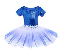 Fille Tutu Danse Classique Robe Ballet Paillette Manches Courtes avec Nœud Papillon Enfant Justaucorps Gymnastique Tulle Brillant Dégradé Costume Ballerine Princesse Une Pièce Bleu 9-10 Ans