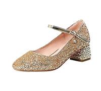 Filles Casual Shiny 4,5 cm Talons Hauts Chaussures Bout Fermé Crochet Boucle Boucle Mariage Princesse Chaussures Filles Sandales, or, 36.5 EU 3X-Étroit