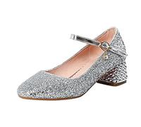 Filles Casual Shiny 4,5 cm Talons Hauts Chaussures Bout Fermé Crochet Boucle Boucle Mariage Princesse Chaussures Filles Sandales, argenté, 36 EU 3X-Étroit