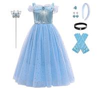 Filles Cendrillon Robe Déguisement Enfant Cinderella Princesse Costume Halloween Partie Carnaval Cosplay Noël Soirée Cérémonie Costumée Anniversaire Fête avec Accessoires Bleu Papillon 11-12 Ans