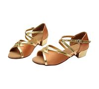 Filles, Chaussures de danse latine pour enfants à talon plat doux Chaussures de danse à paillettes Chaussures de danse d'intérieur en satin Séparateurs d'orteils ouverts Sandales, marron, 28