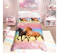 Filles Cheval Parure de Lit 200x200cm Chevaux Rose Floral Housse de Couette Galloping Farmhorse Blossom Flower Ensembles de Housse de Couette Wild Animal Cherry Blossom Glitter Fille Chambre