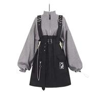 WEITING Filles Gothique Punk Lolita Robe Casual Taille Haute Manches Longues Filles Faux Ensemble Deux Pièces Robe Patchwork Couleur Contrastante + Ceinture Ensemble-2 Ensemble Ceinture et Robe,M