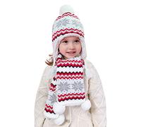 Filles Hiver Bonnet Écharpe Polaire Doublé 2 Pièces Ensemble Enfants 4-8 Ans Thermique Pom Pom Chapeau Foulard Tricoté Boho Blanc, XXL