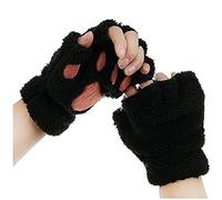 Filles Mitaines d'hiver Griffe de Chat Gants Chauds en Peluche Moufles Demi-Doigt Epais Motif Patte d'ours Gants Thermique Mignon Joli Douce pour Femme-Noir, Noir, Unique Moufles